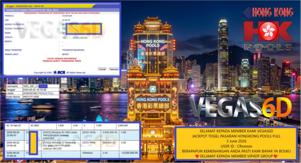 VEGAS6D JACKPOT PASARAN ” HONGKONG POOLS FULL ” Rp10.000.000,- LUNAS