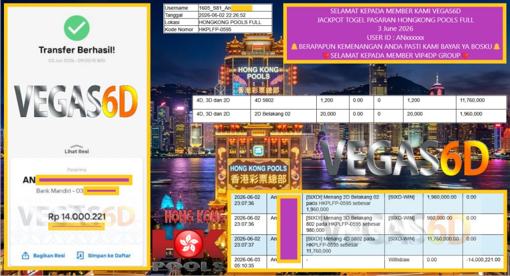 VEGAS6D JACKPOT PASARAN ” HONGKONG POOLS FULL ” Rp14.000.221,- LUNAS