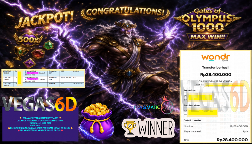 VEGAS6D JACKPOT PRAGMATIC ” GATES OF OLYMPUS 1000 ” Rp28.400.000,- LUNAS