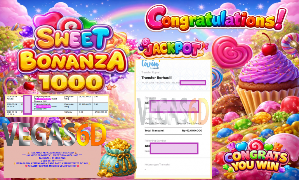 VEGAS6D JACKPOT PRAGMATIC ” SWEET BONANZA 1000 ” Rp42.000.000,- LUNAS