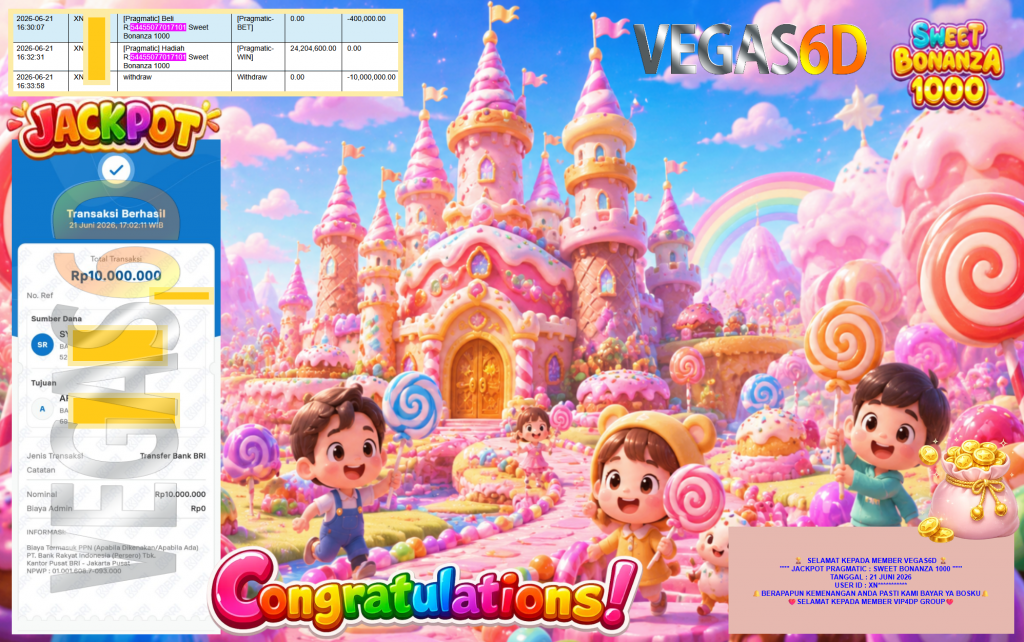 VEGAS6D JACKPOT PRAGMATIC ” SWEET BONANZA 1000 ” Rp20.000.000,- LUNAS
