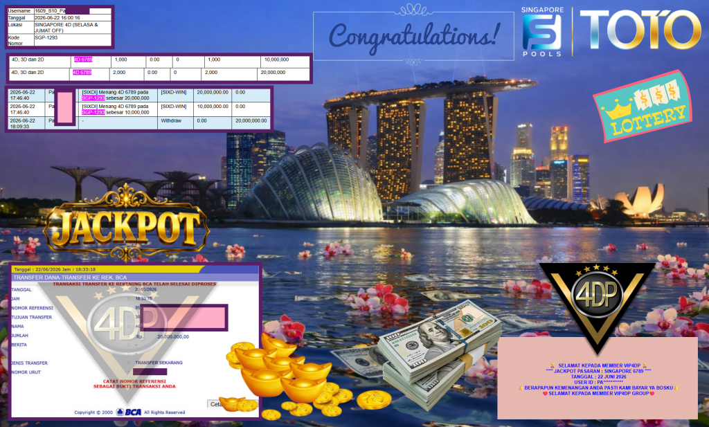 VIP4DP JACKPOT PASARAN ” SINGAPORE 6789 ” Rp20.000.000,- LUNAS