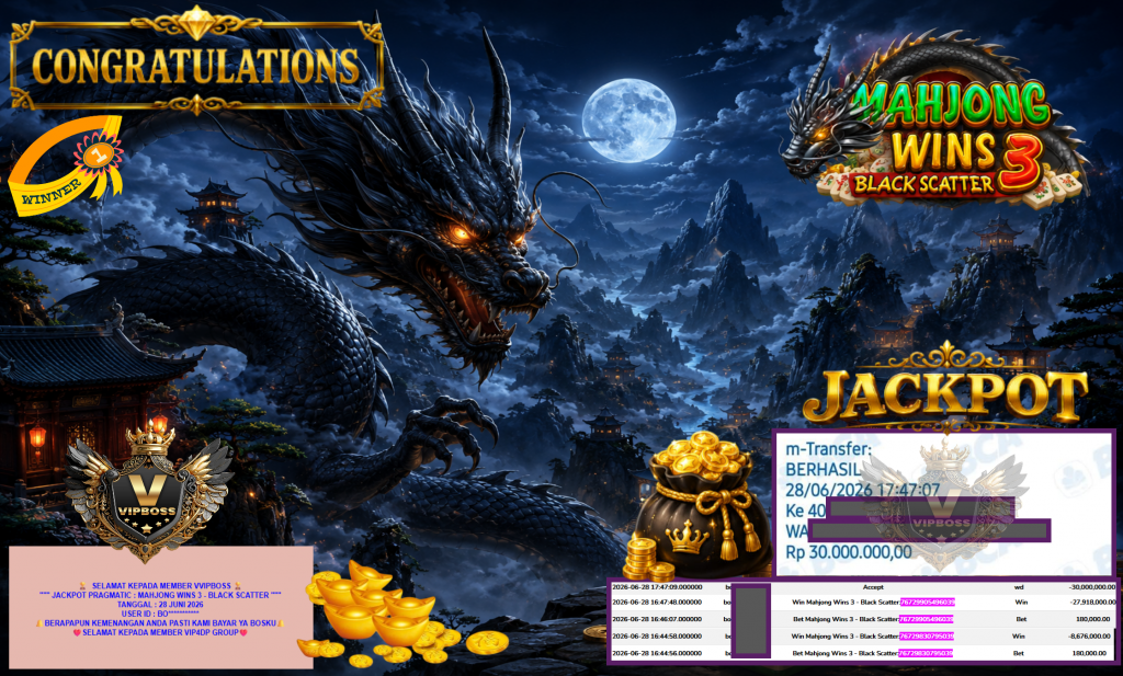 VVIPBOSS JACKPOT PRAGMATIC ” MAHJONG WINS 3 – BLACK SCATTER ” Rp30.000.000,- LUNAS