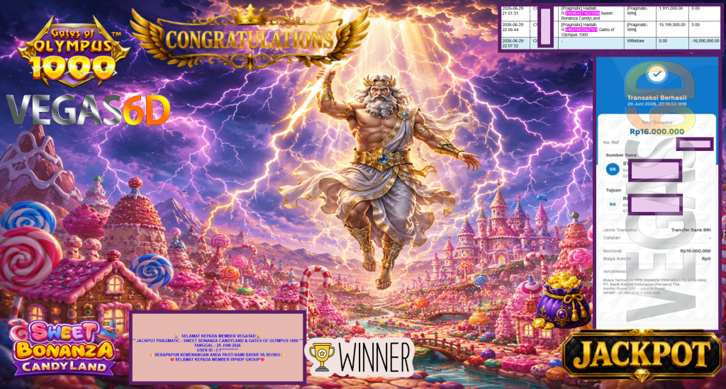 VEGAS6D JACKPOT PRAGMATIC ” SWEET BONANZA CANDYLAND & GATES OF OLYMPUS 1000 ” Rp16.000.000,- LUNAS