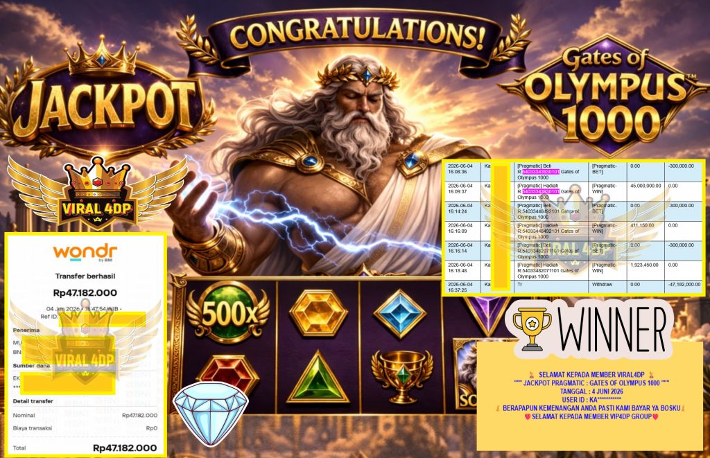 VIRAL4DP JACKPOT PRAGMATIC ” GATES OF OLYMPUS 1000 ” Rp47.182.000,- LUNAS