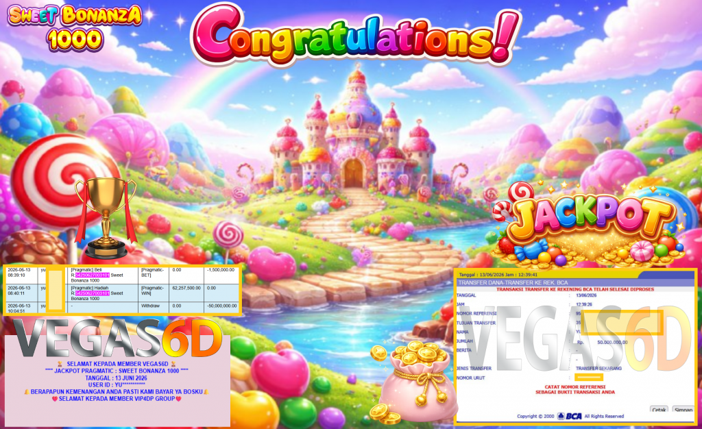 VEGAS6D JACKPOT PRAGMATIC ” SWEET BONANZA 1000 ” R50.000.000,- LUNAS