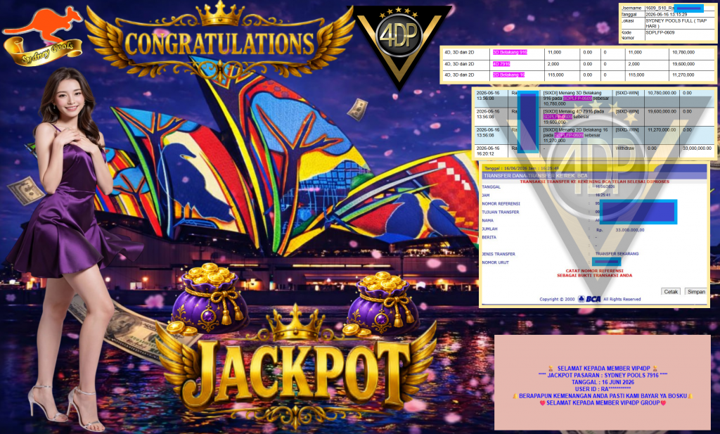 VIP4DP JACKPOT PASAR ” SYDNEY POOLS 7916 ” Rp33.000.000,- LUNAS
