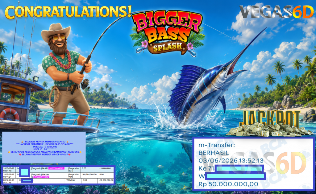 VEGAS6D JACKPOT PRAGMATIC ” BIGGER BASS SPLASH ” Rp92.000.000,- LUNAS