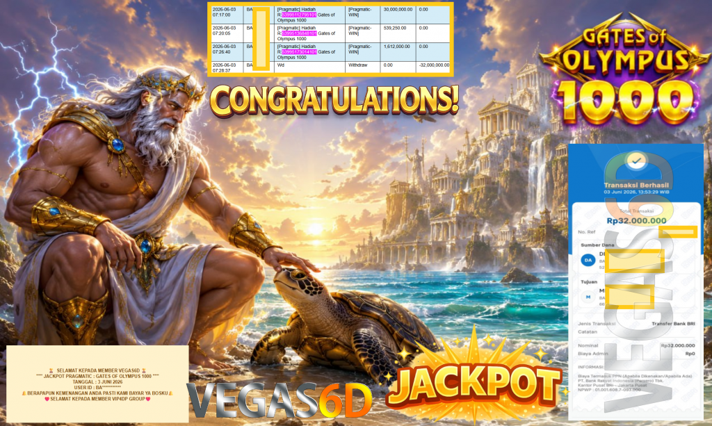 VEGAS6D JACKPOT PRAGMATIC ” GATES OF OLYMPUS 1000 ” Rp32.000.000,- LUNAS