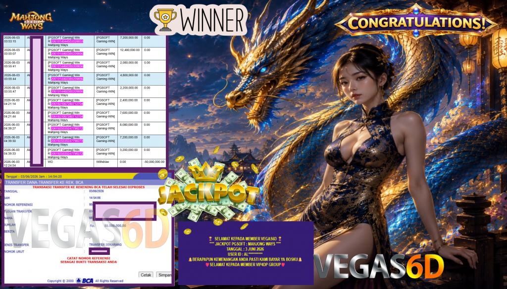 VEGAS6D JACKPOT PGSOFT ” MAHJONG WAYS ” Rp50.000.000,- LUNAS