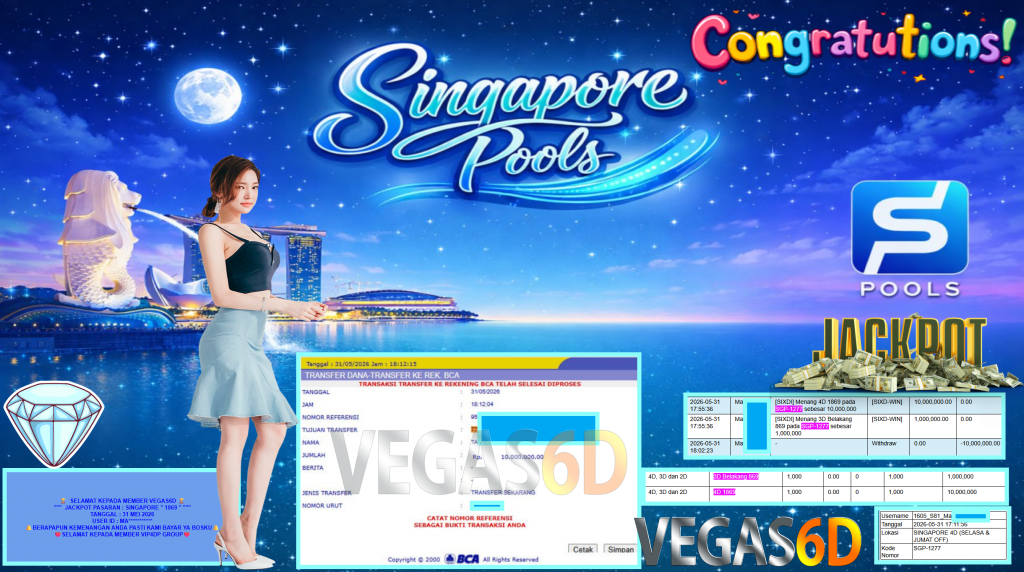VEGAS6D JACKPOT TOGEL PASARAN SINGAPORE Rp 10.000.000,- LUNAS