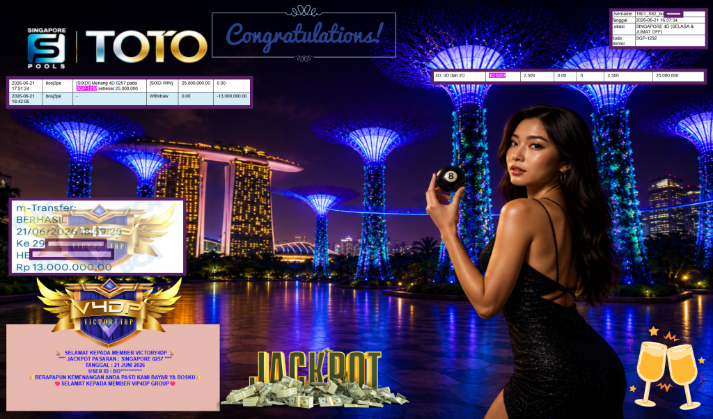 VICTORY4DP JACKPOT PASARAN ” SINGAPORE 0257 ” Rp13.000.000,- LUNAS