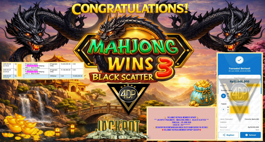 VIP4DP JACKPOT PRAGMATIC ” MAHJONG WINS 3 – BLACK SCATTER ” Rp19.000.000,- LUNAS