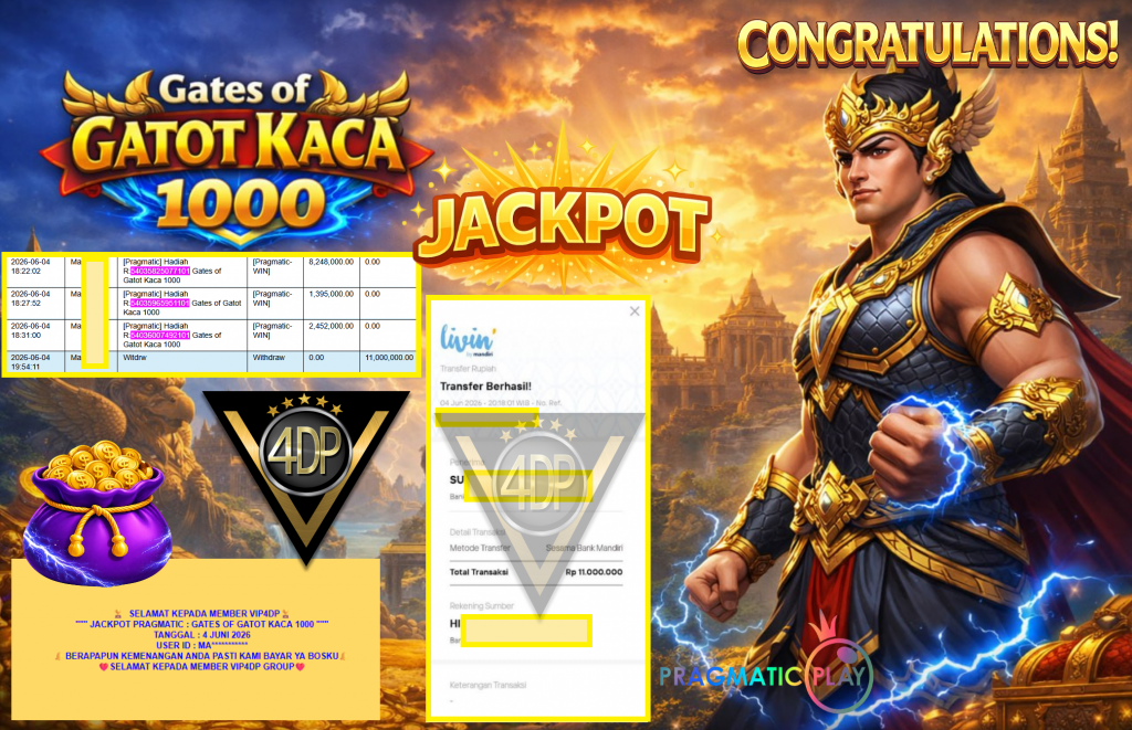 VIP4DP JACKPOT PRAGMATIC ” GATES OF GATOT KACA 1000 ” Rp11.000.000,- LUNAS
