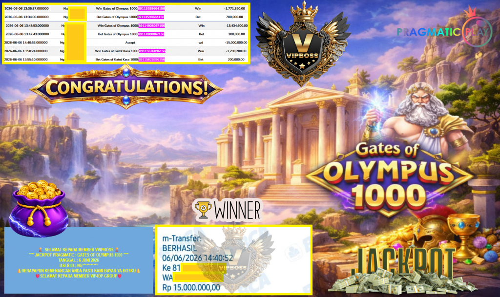 VVIPBOSS JACKPOT PRAGMATIC ” GATES OF OLYMPUS 1000 ” Rp15.000.000,- LUNAS