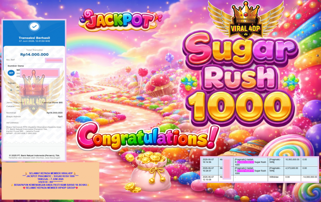 VIRAL4DP JACKPOT PRAGMATIC ” SUGAR RUSH 1000 ” Rp14.000.000,- LUNAS