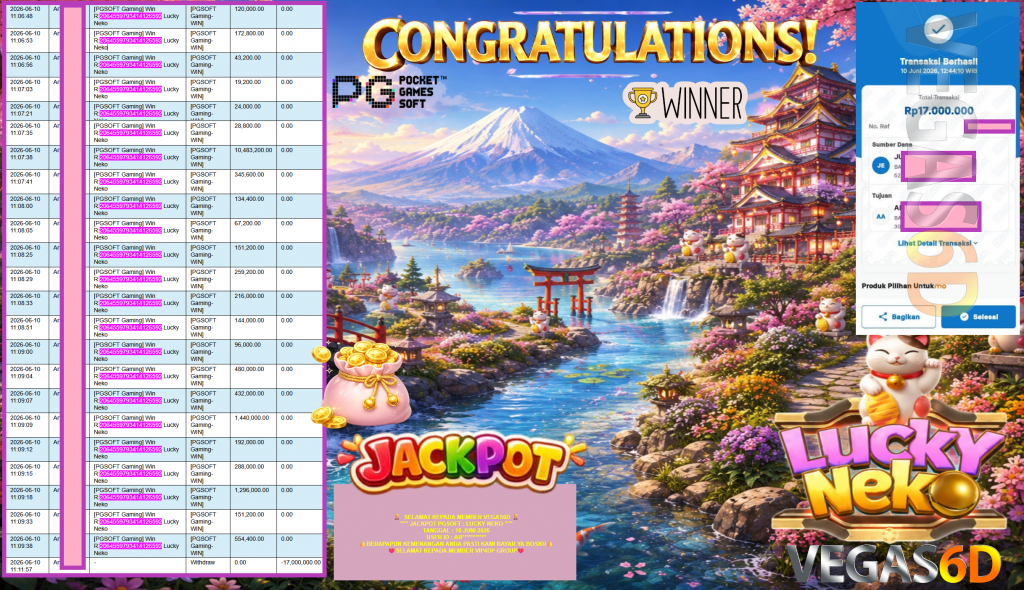 VEGAS6D JACKPOT PGSOFT ” LUCKY NEKO ” R17.000.000,- LUNAS