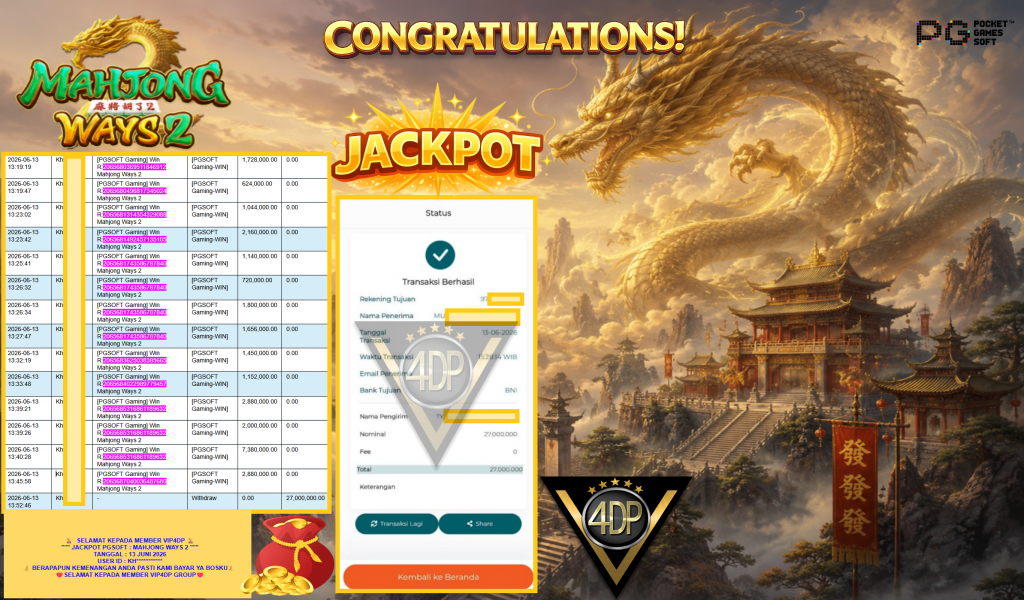 VIP4DP JACKPOT PGSOFT ” MAHJONG WAYS 2 ” R27.000.000,- LUNAS