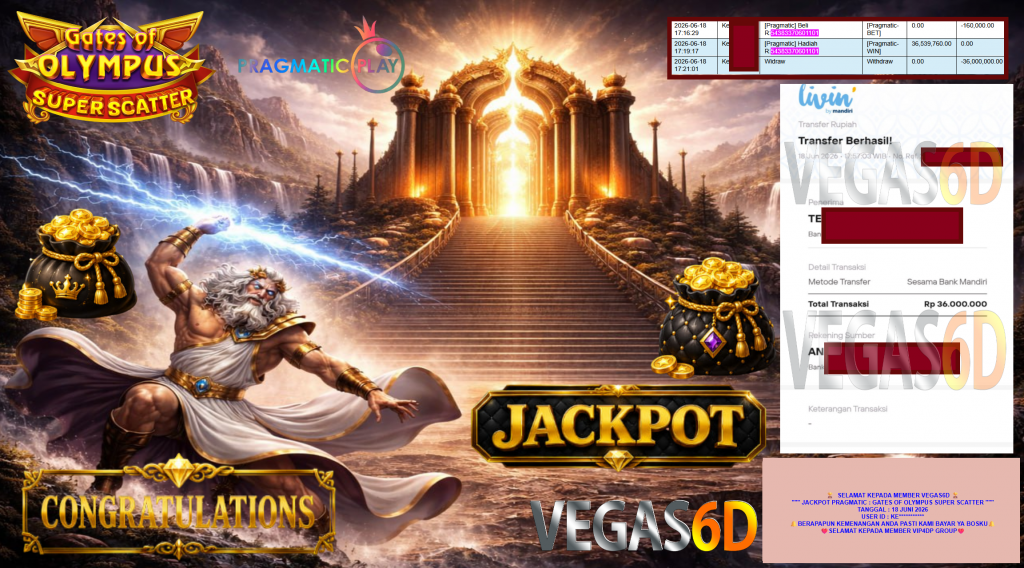 VEGAS6D JACKPOT PRAGMATIC ” GATES OF OLYMPUS SUPER SCATTER ” Rp36.000.000,- LUNAS