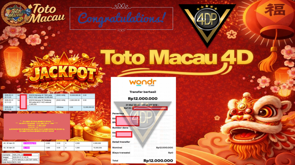 VIP4DP JACKPOT TOGEL PASARAN TOTO MACAU 4 Rp 12.000.000,- LUNAS