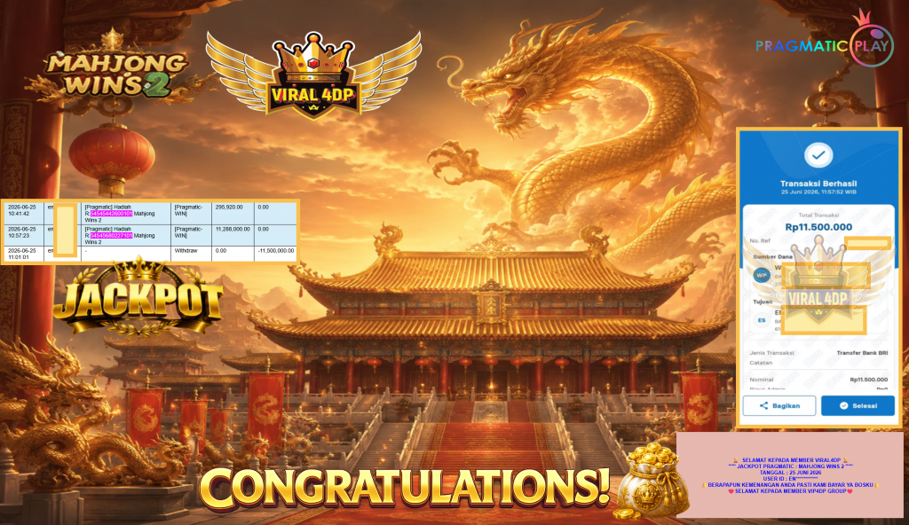 VIRAL4DP JACKPOT PRAGMATIC ” MAHJONG WINS 2 ” Rp11.500.000,- LUNAS
