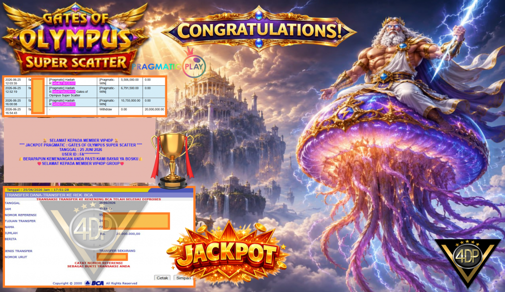 VIP4DP JACKPOT PRAGMATIC ” GATES OF OLYMPUS SUPER SCATTER ” Rp20.000.000,- LUNAS