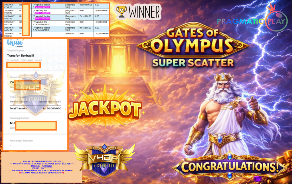 VICTORY4DP JACKPOT PRAGMATIC ” GATES OF OLYMPUS SUPER SCATTER ” Rp50.000.000,- LUNAS
