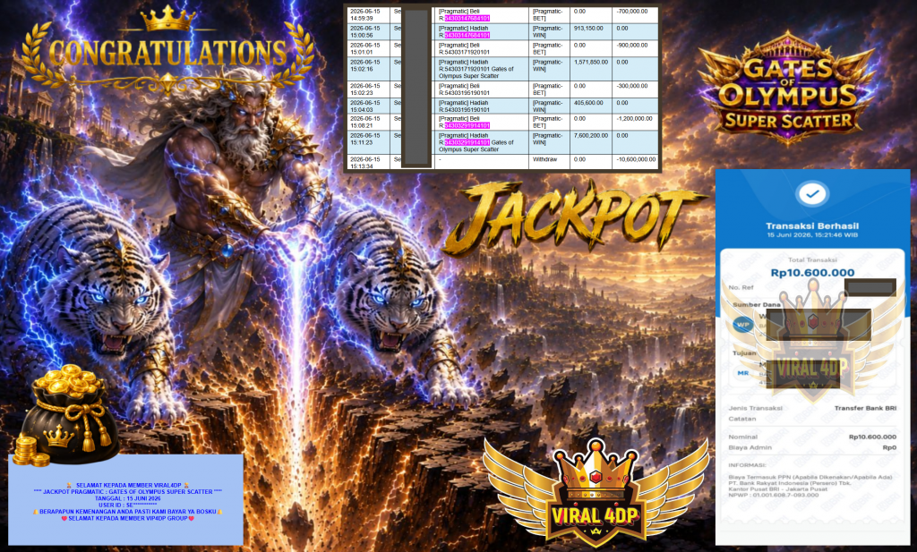 VIRAL4DP JACKPOT PRAGMATIC ” GATES OF OLYMPUS SUPER SCATTER ” R10.600.000,- LUNAS