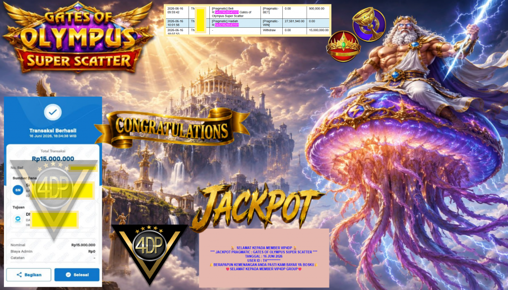 VIP4DP JACKPOT PRAGMATIC ” GATES OF OLYMPUS SUPER SCATTER ” Rp15.000.000,- LUNAS