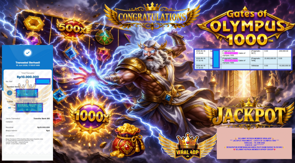 VIRAL4DP JACKPOT PRAGMATIC ” GATES OF OLYMPUS 1000 ” Rp25.000.000,- LUNAS