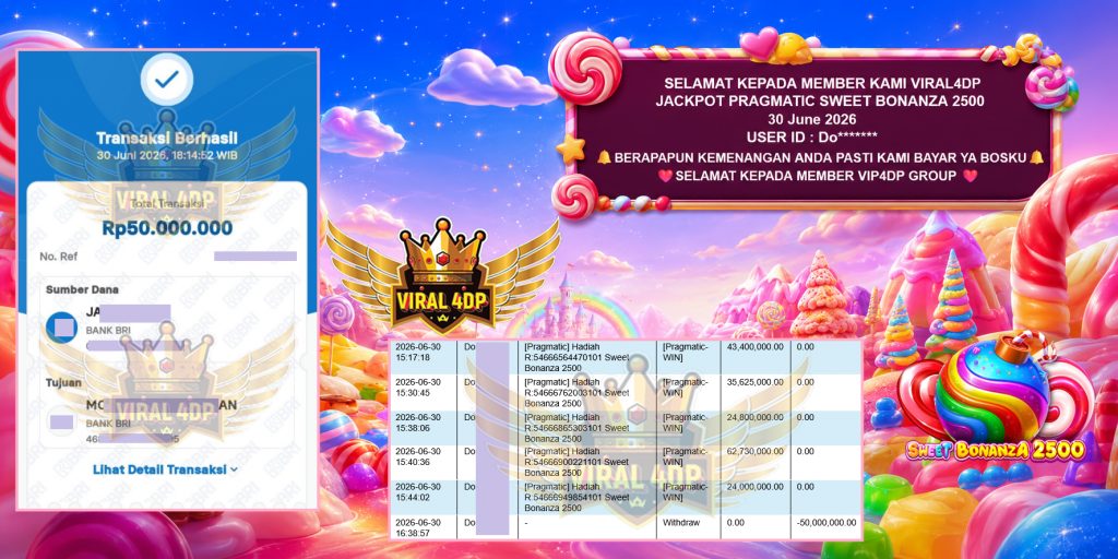 VIRAL4DP JACKPOT PRAGMATIC SWEET BONANZA 2500 Rp 150.000.000,- LUNAS
