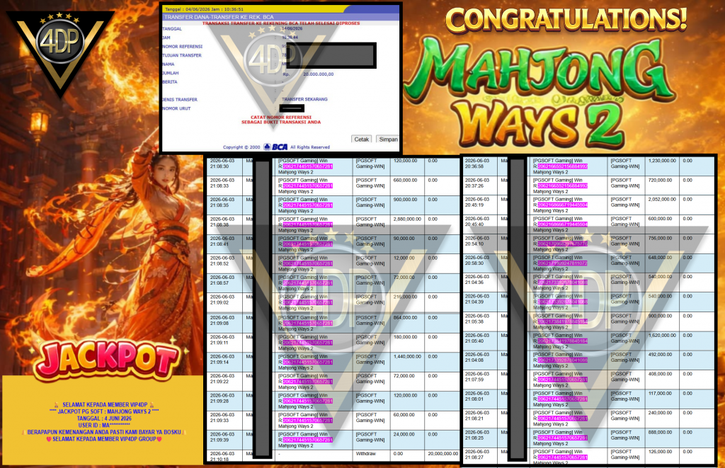VIP4DP JACKPOT PG SOFT ” MAHJONG WAYS 2 ” Rp20.000.000,- LUNAS