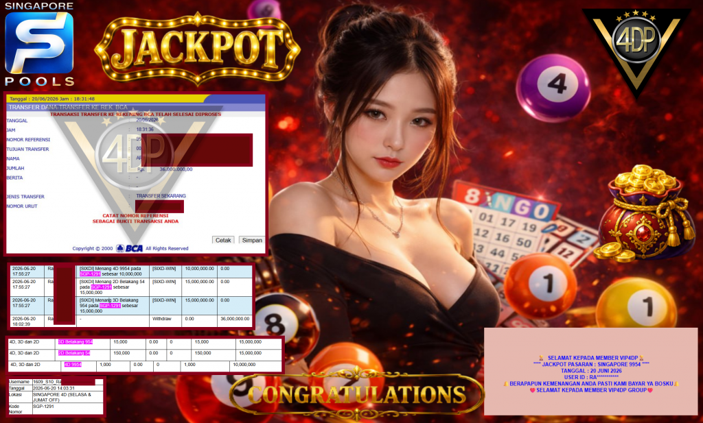 VIP4DP JACKPOT PASARAN ” SINGAPORE 9954 ” Rp36.000.000,- LUNAS