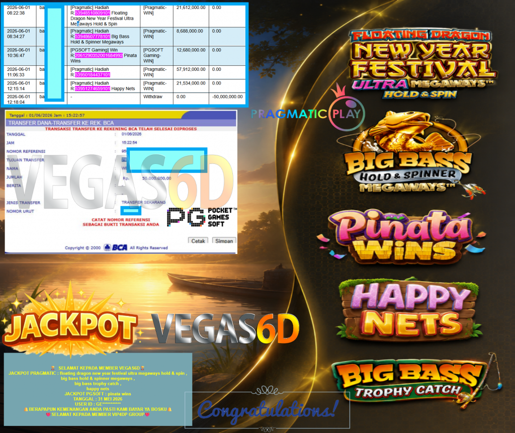 “VEGAS6D JACKPOT PRAGMATIC : floating dragon new year festival ultra megaways hold & spin ,big bass hold & spinner megaways ,big bass trophy catch ,happy netsJACKPOT PGSOFT : pinata wins Rp 100.000.000,- LUNAS”