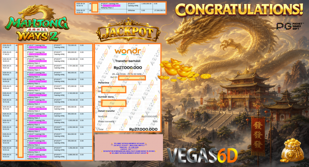 VEGAS6D JACKPOT PGSOFT ” MAHJONG WAYS 2 ” Rp27.000.000,- LUNAS