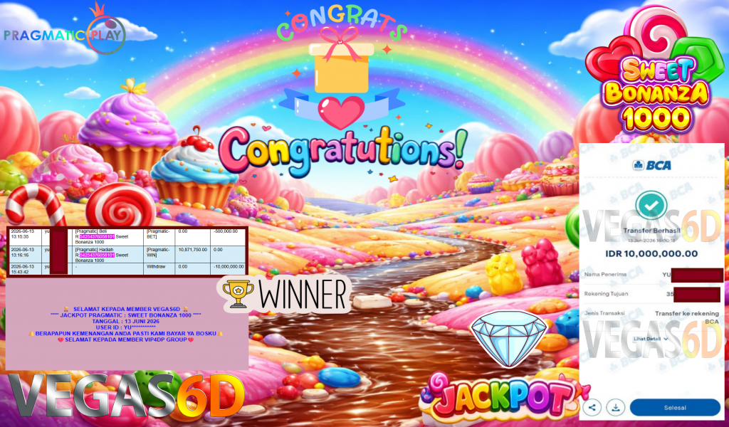VEGAS6D JACKPOT PRAGMATIC ” SWEET BONANZA 1000 ” R10.000.000,- LUNAS