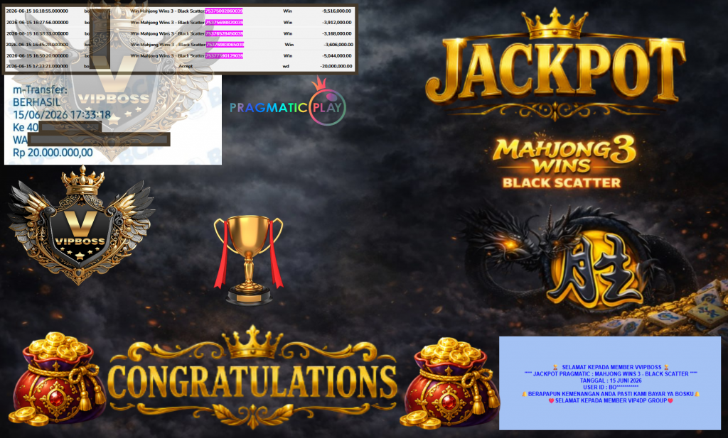 VVIPBOSS JACKPOT PRAGMATIC ” MAHJONG WINS 3 – BLACK SCATTER ” R20.000.000,- LUNAS