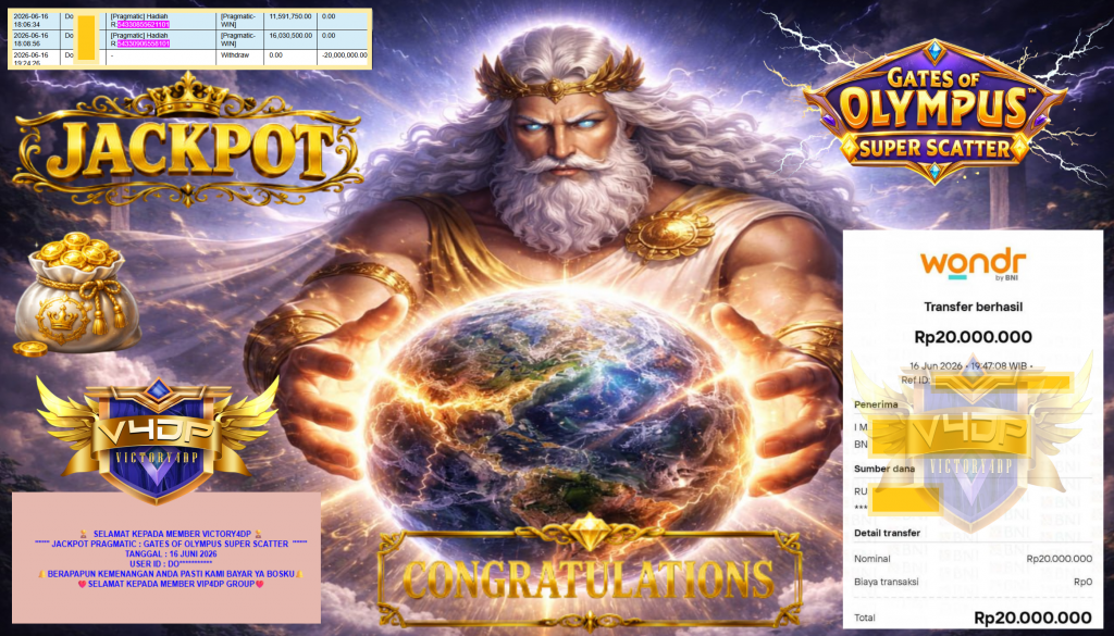 VICTORY4DP JACKPOT PRAGMATIC ” GATES OF OLYMPUS SUPER SCATTER ” Rp20.000.000,- LUNAS