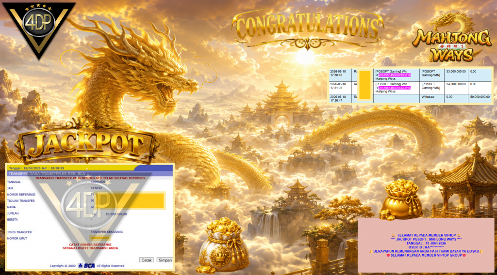 VIP4DP JACKPOT PGSOFT ” MAHJONG WAYS ” Rp60.474.500,- LUNAS