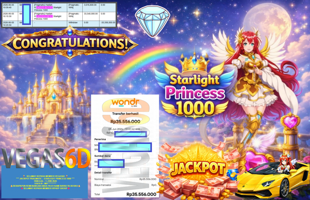 VEGAS6D JACKPOT PRAGMATIC ” STARLIGHT PRINCESS 1000 ” Rp35.556.000,- LUNAS