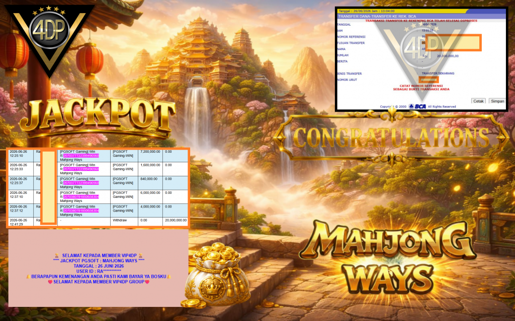 VIP4DP JACKPOT PGSOFT ” MAHJONG WAYS ” Rp20.000.000,- LUNAS