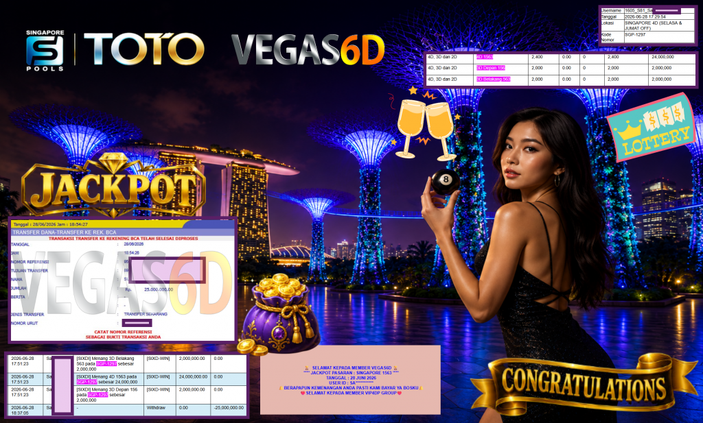 VEGAS6D JACKPOT PASARAN β SINGAPORE 1563 β Rp25.000.000,- LUNAS
