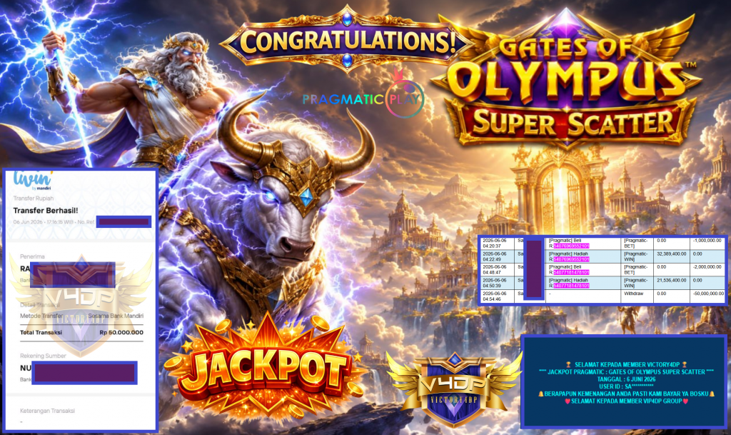 VICTORY4DP JACKPOT PRAGMATIC ” GATES OF OLYMPUS SUPER SCATTER ” Rp50.000.000,- LUNAS