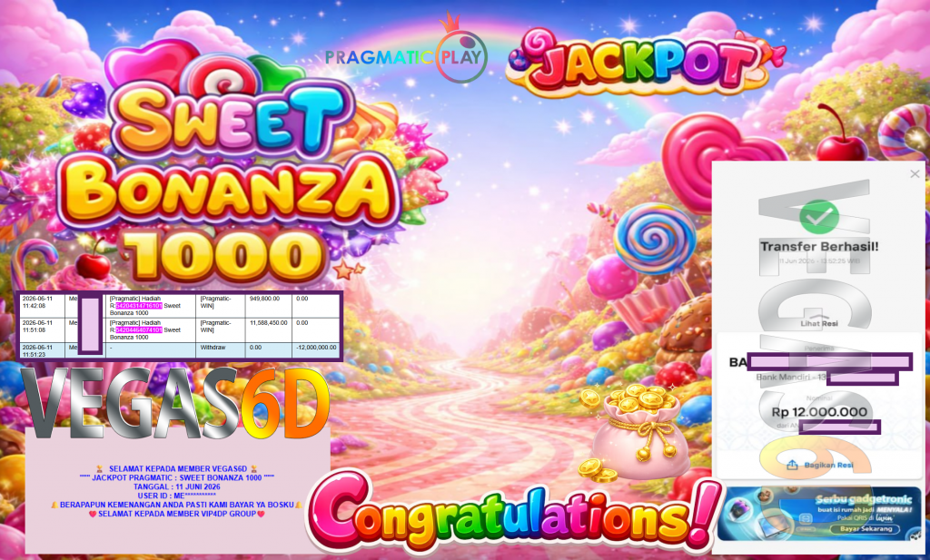 VEGAS6D JACKPOT PRAGMATIC ” SWEET BONANZA 1000 ” R12.000.000,- LUNAS