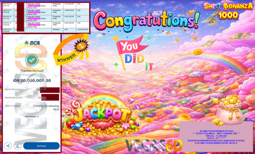 VEGAS6D JACKPOT PRAGMATIC ” SWEET BONANZA 1000 ” R20.000.000,- LUNAS