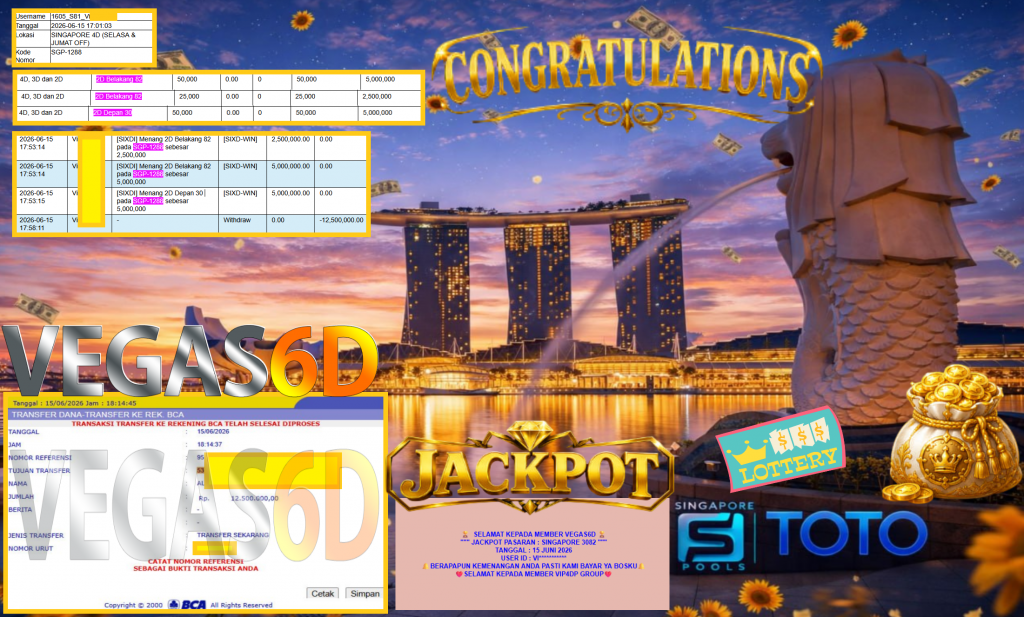 VEGAS6D JACKPOT PASARAN ” SINGAPORE 3082 ” R12.500.000,- LUNAS