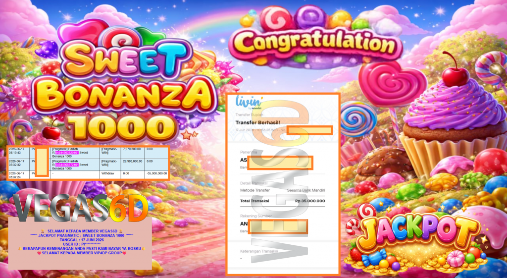 VEGAS6D JACKPOT PRAGMATIC ” SWEET BONANZA 1000 ” Rp35.000.000,- LUNAS
