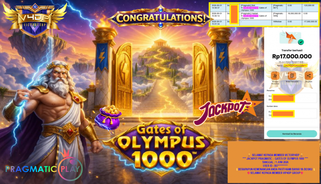 VICTORY4DP JACKPOT PRAGMATIC ”GATES OF OLYMPUS 1000” Rp17.000.000,- LUNAS