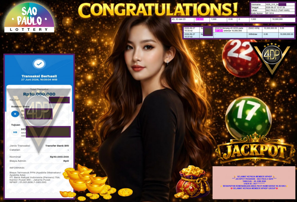 VIP4DP JACKPOT PASARAN ” SAO PAULO 8259 ” Rp10.000.000,- LUNAS