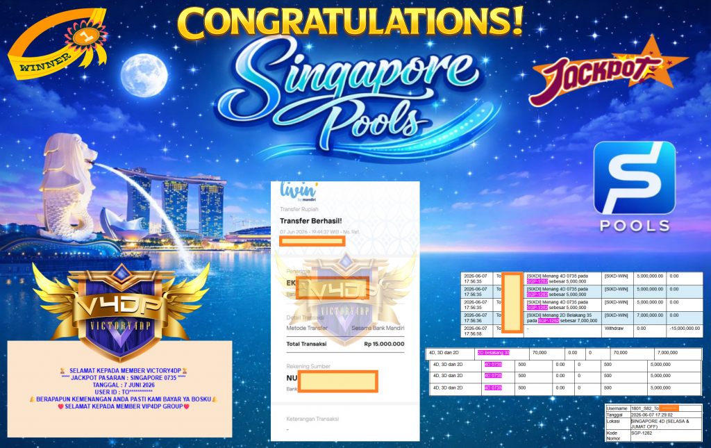 VICTORY4DP JACKPOT PASARAN ” SINGAPORE 0735 ” Rp15.000.000,- LUNAS